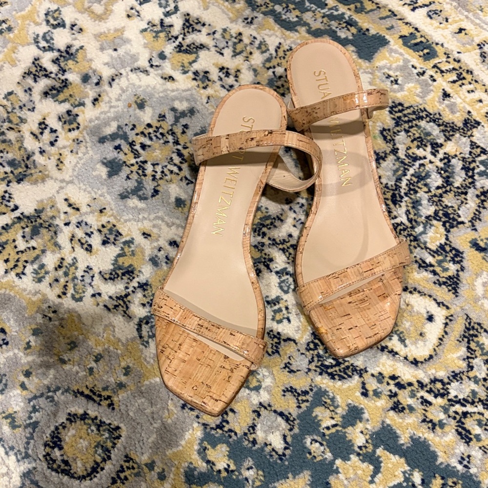 Stuart Weitzman Cork Two‑Strap Slide Sandals in Natural